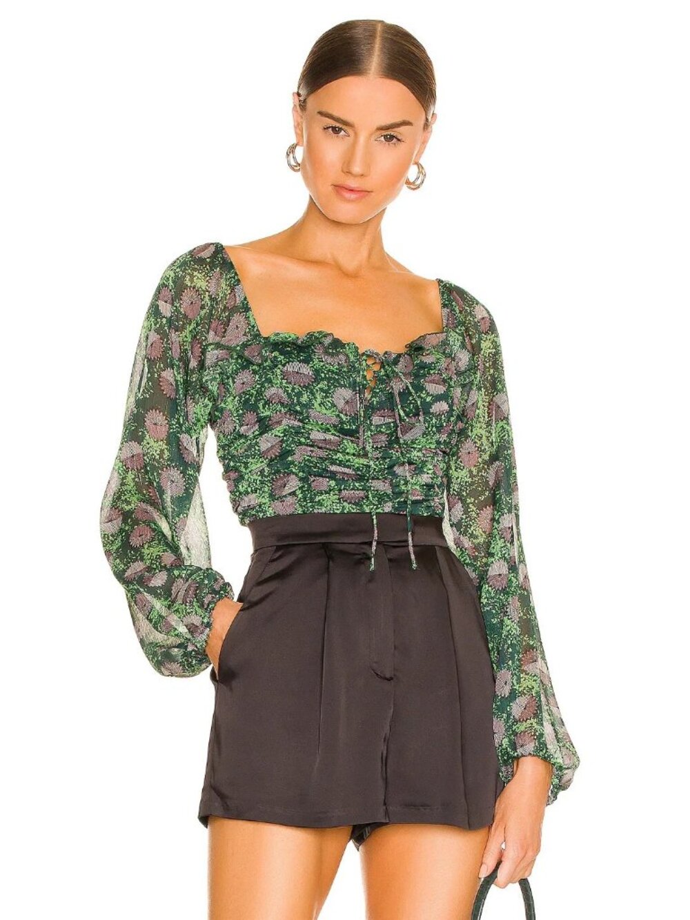 BCBGeneration Ruched Square Neck Top in Shadow Fan Bud